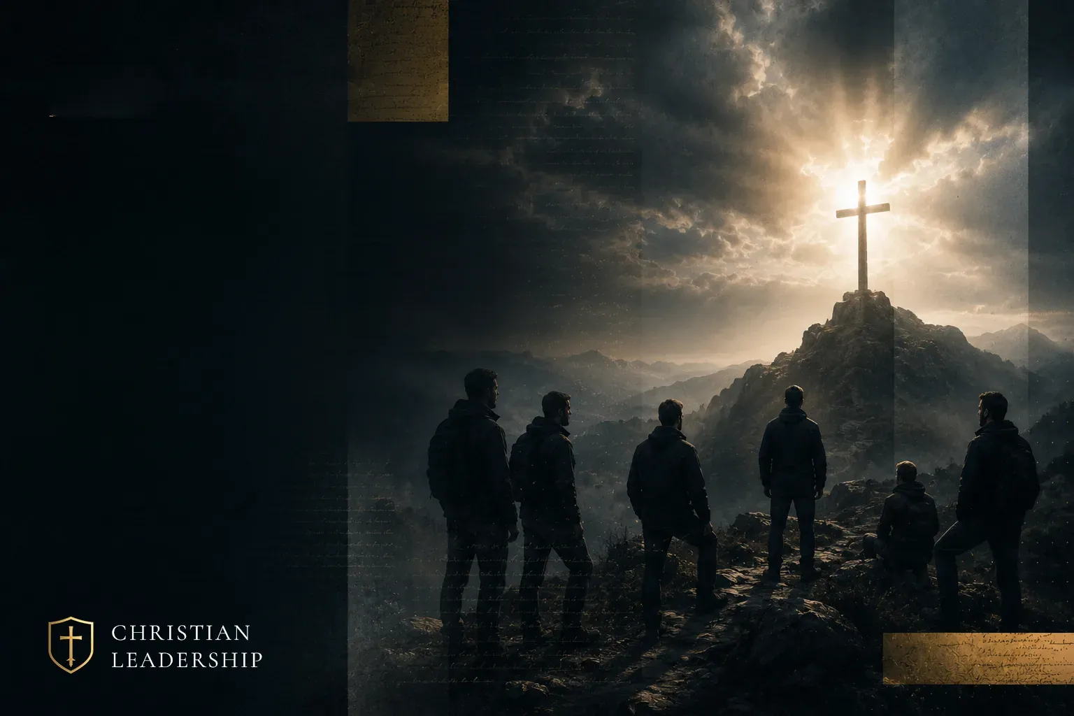 Gruppe von Männern blickt auf ein Kreuz auf einem Berg im Sonnenlicht – Christian Leadership